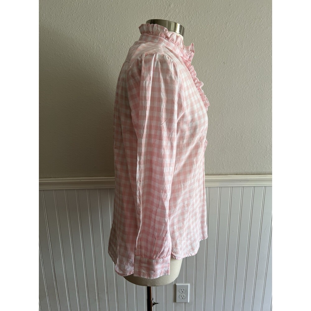 J Crew Pink Long Sleeve Ruffle Neck Blouse Cotton Stretch Gingham Pink White 6 - Picture 2 of 9